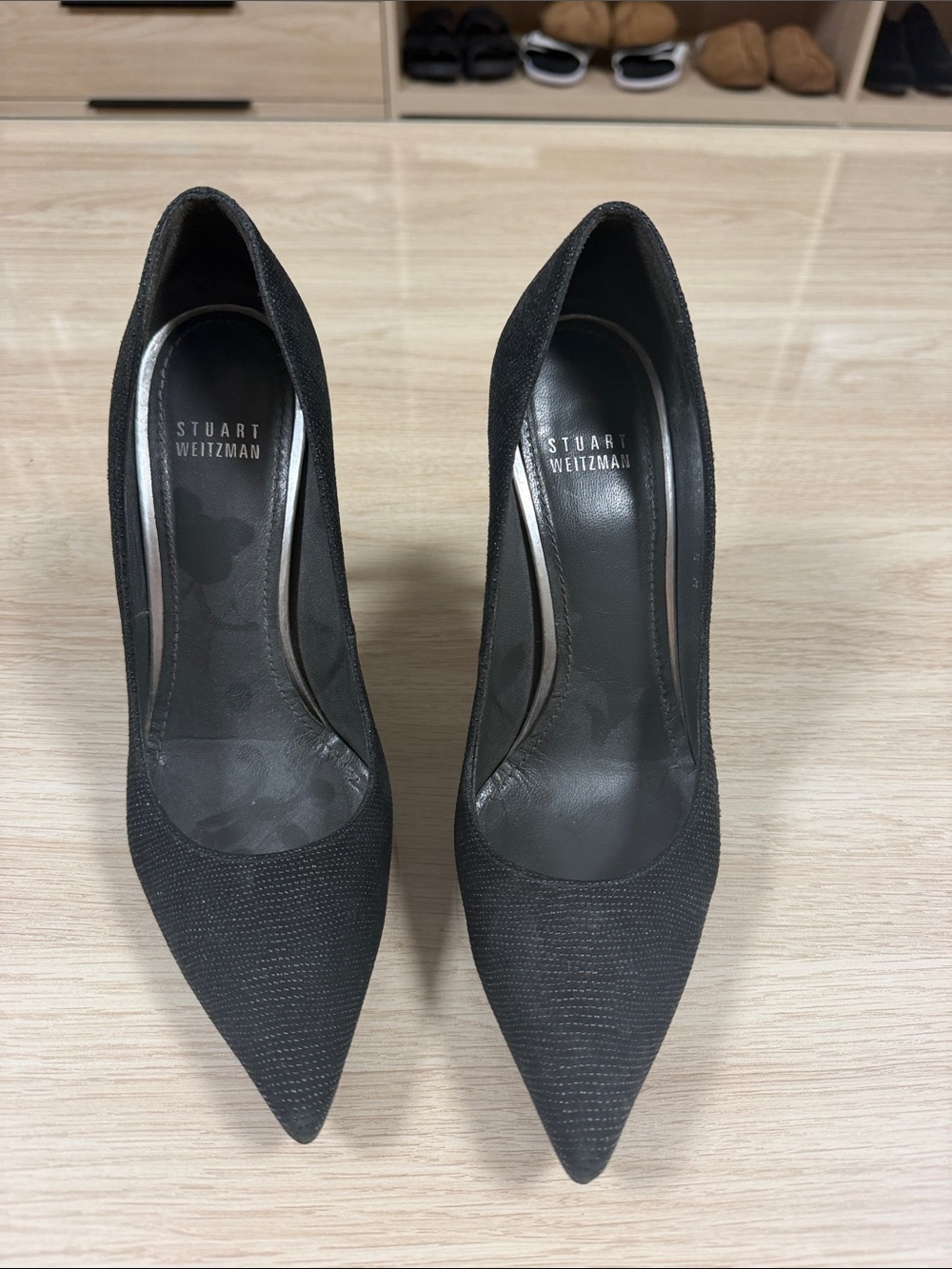 Stuart Weitzman Black Pointed-Toe Textile Pumps